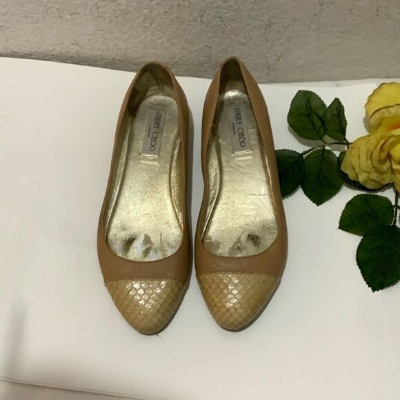JIMMY CHOO Nude Leather & Python Cap Toe Ballet Flats Neutral Size EU 37.5, US 7 - Picture 13 of 16